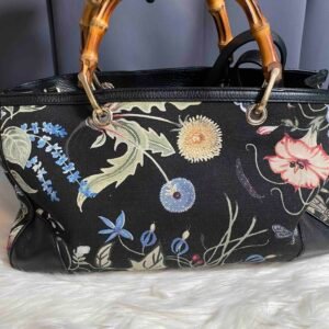 Gucci Flora Print Bamboo Handle Black Canvas Top Handle Bag | AlmaBagz