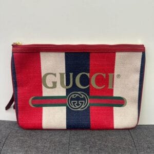 Gucci Canvas Leather Clutch Red, White, Blue Stripes 8"x11" Zipper Closure Clutch Bag | AlmaBagz