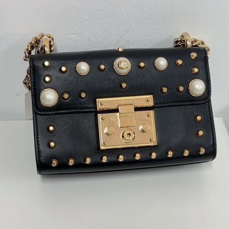 Gucci Black Padlock Bag with Pearl and Stud Accents Medium Size | AlmaBagz