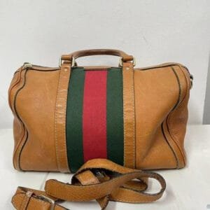 Gucci Boston Bag Camel Brown with Green and Red Stripe, Medium Size | AlmaBagz