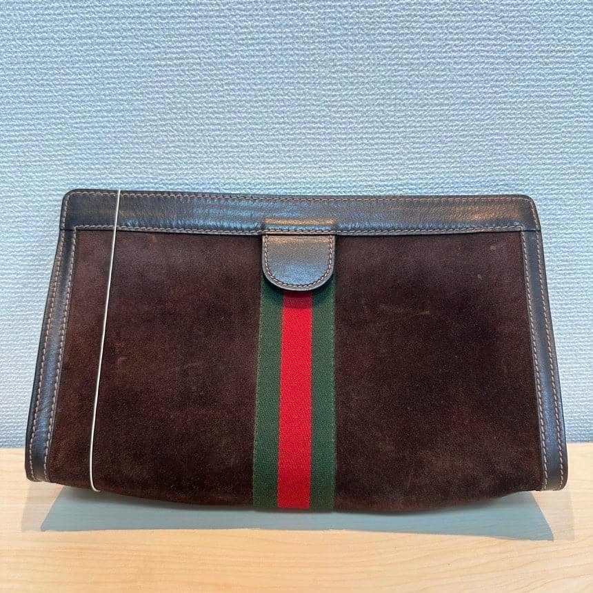 Gucci Brown Suede Clutch with Green and Red Stripe, Medium Size | AlmaBagz