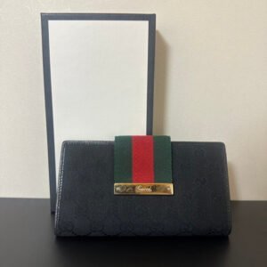 Gucci GG Canvas Long Wallet Black With Red Green Stripe | AlmaBagz