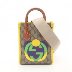 Gucci GG 2-Way Monogram Tote Bag Beige/Brown with Yellow Trim & Canvas Strap | AlmaBagz