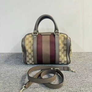 Gucci Boston Beige And Burgundy Canvas Leather Trim Two-Way Bag Medium | AlmaBagz