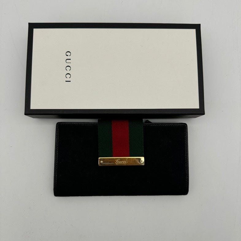 Gucci Black Canvas Leather Wallet with Red Green Stripe Closure Standard Size | AlmaBagz