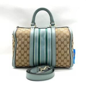 Gucci Boston Beige Blue Monogram Canvas Leather Stripe Shoulder Bag Large | AlmaBagz