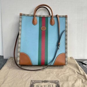 Gucci Blue Beige Brown Two-Way Tote Bag with DustBag | AlmaBagz