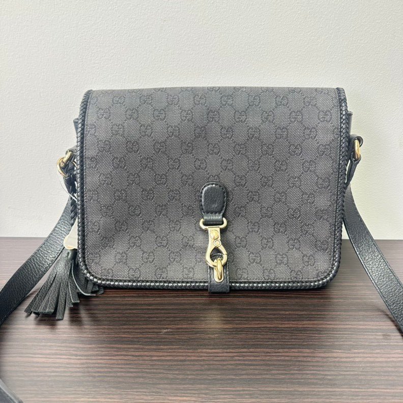 Gucci GG Canvas Leather Crossbody Black Medium Size | AlmaBagz