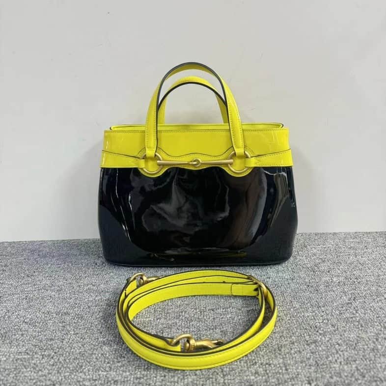 Gucci Black And Yellow Patent Leather Two Way Bag Medium Size | AlmaBagz