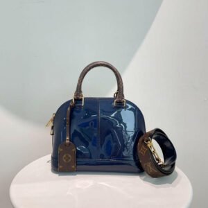 Louis Vuitton Alma Bag in Patent Navy Blue with Monogram Handles and Strap - Medium Size | AlmaBagz