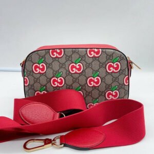 Gucci GG Apple Print Supreme Mini Bag Beige/Ebony with Red Strap | AlmaBagz