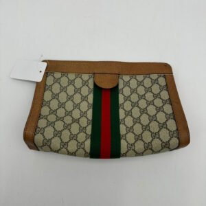 Gucci Canvas Leather Monogram Beige Green Red Stripe Clutch Wristlet Medium | AlmaBagz