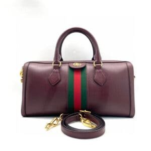 Gucci Boston Two-Way Bag Burgundy Green Red Stripe Medium | AlmaBagz
