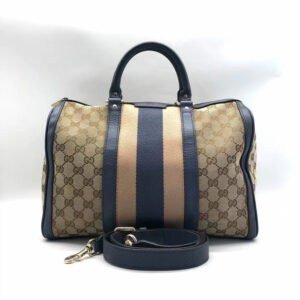 Gucci Boston Beige Blue Canvas Leather Two-Way Bag Medium Size | AlmaBagz