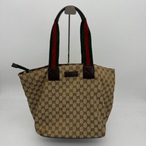 Gucci Canvas Tote Bag Beige Red Green Handle Medium | AlmaBagz