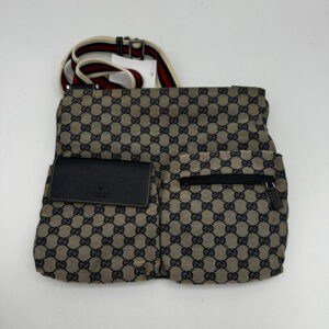 Gucci Canvas Beige Crossbody Bag with Black Leather Trim Medium | AlmaBagz