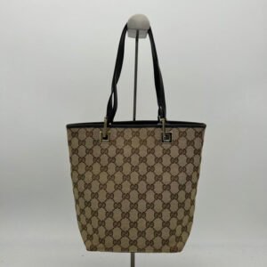 Gucci GG Beige Canvas Shoulder Bag Black Leather Trim Medium | AlmaBagz