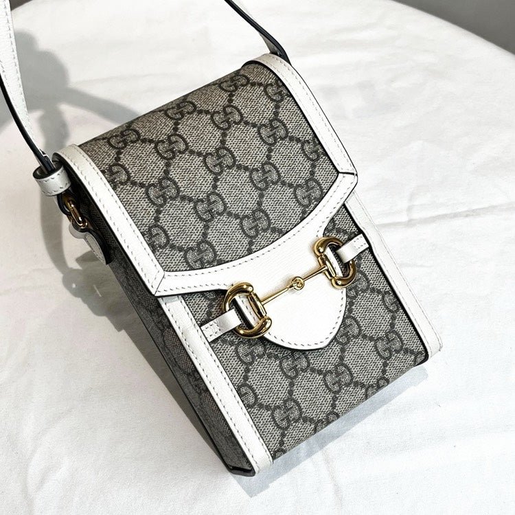 Gucci Monogram Beige Leather Phone Case Bag White Trim | AlmaBagz