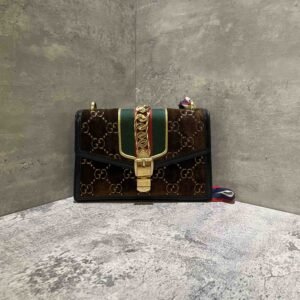 Gucci Sylvie Brown Velvet Monogram Shoulder Bag Medium | AlmaBagz