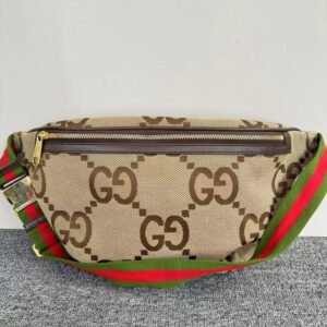 Gucci GG Supreme Beige Canvas Belt Bag Brown Web Strap | AlmaBagz