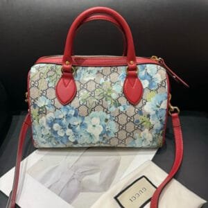 Gucci Boston Floral Print Canvas Handbag Red Trim Medium | AlmaBagz
