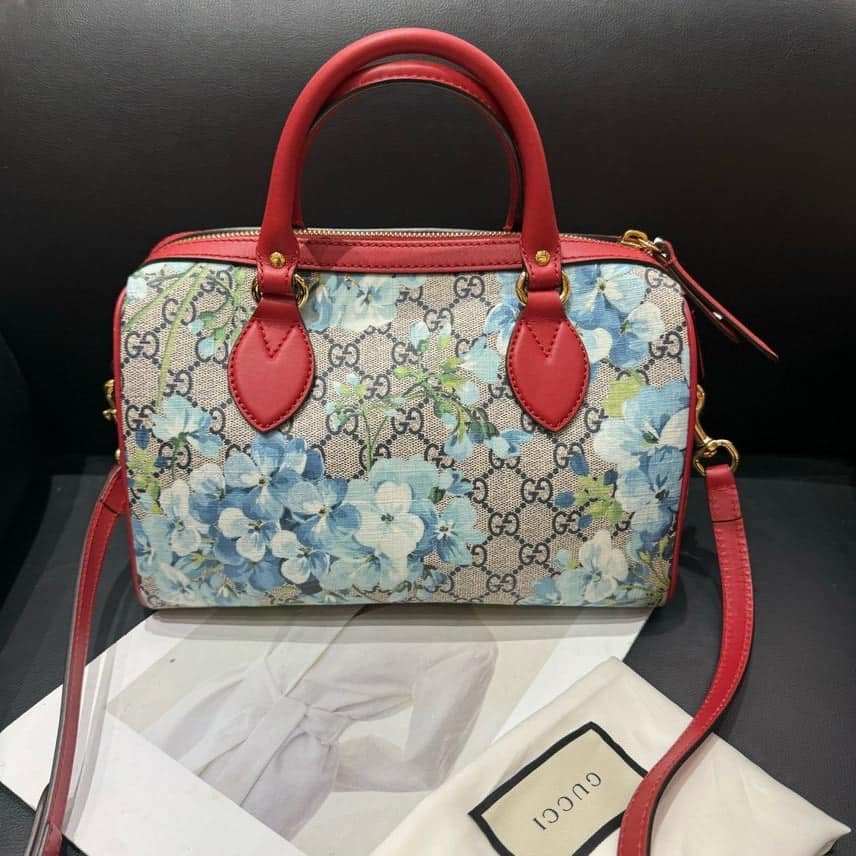 Gucci Boston Floral Print Canvas Handbag Red Trim Medium | AlmaBagz