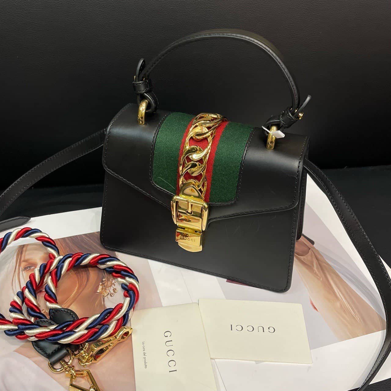 Gucci Sylvie Small Black Leather Handbag Green Red Stripe Gold Chain | AlmaBagz