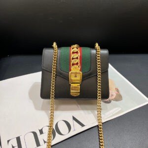 Gucci Sylvie Mini Black Leather Green Red Web Chain Bag 19x14x7.5 cm | AlmaBagz