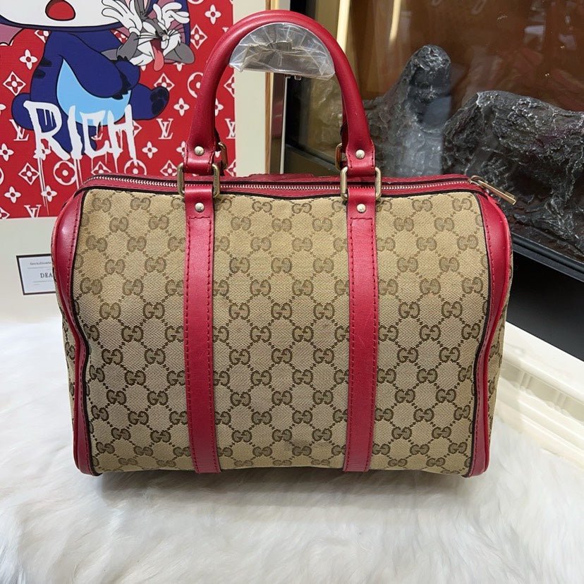 Gucci Preloved Boston Bag Beige/Red Canvas Top Handle | AlmaBagz