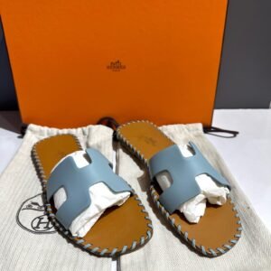 Hermes Oran Flats Blue Leather Slide Sandals Size 38 | AlmaBagz
