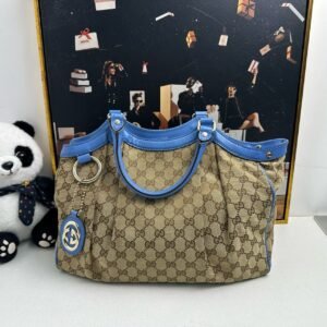 Gucci GG Canvas Blue Trim Shoulder Bag Beige | AlmaBagz