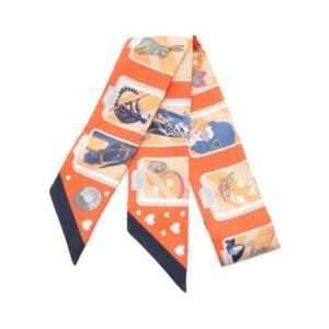 Hermes Twilly Hermes STORY Ribbon Scarf Silk Orange Multicolor 960186 | AlmaBagz