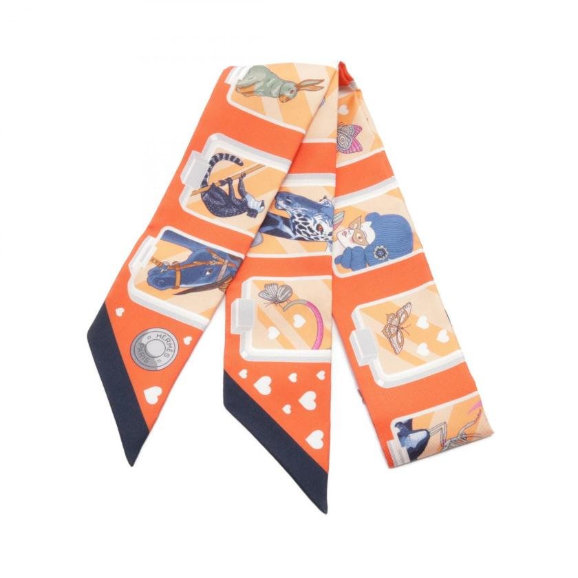 Hermes Twilly Hermes STORY Ribbon Scarf Silk Orange Multicolor 960186 | AlmaBagz