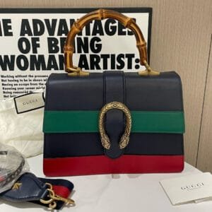 Gucci Bamboo Handle Dionysus Bag in Blue, Green, and Red Leather - Top Handle Style | AlmaBagz