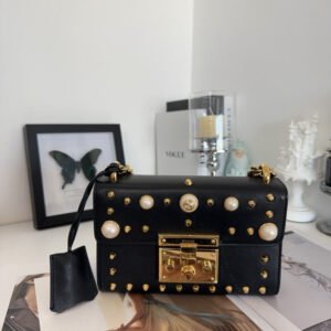 Gucci Padlock Black Leather Shoulder Bag with Studs and Pearls | AlmaBagz