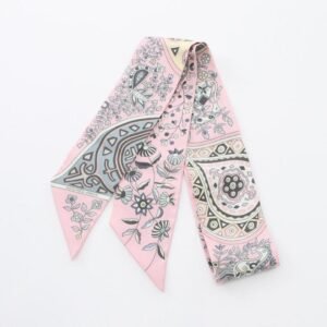 HERMES Twilly L Arbre De Vie Silk Ribbon Scarf Pink Multicolor 958813 | AlmaBagz