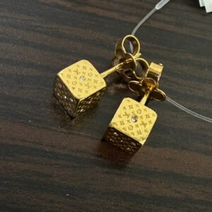 Louis Vuitton Monogram Mini Rhinestone Cube Studs Gold Earrings | AlmaBagz