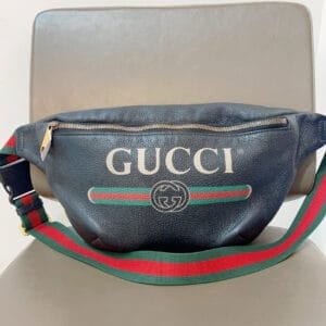 Gucci Classic Black Leather Belt Bag with Red-Green Strap | AlmaBagz