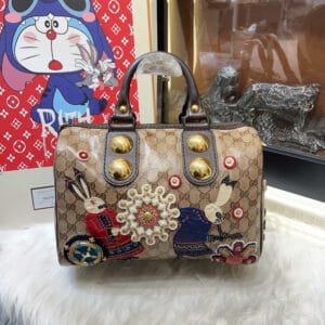 Gucci Boston Bag Beige Canvas Satchel with Embroidered Rabbits | AlmaBagz