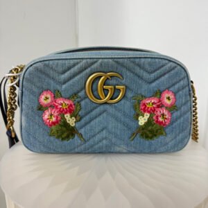 Gucci GG Marmont Denim Camera Bag LA24848 Blue Crossbody | AlmaBagz