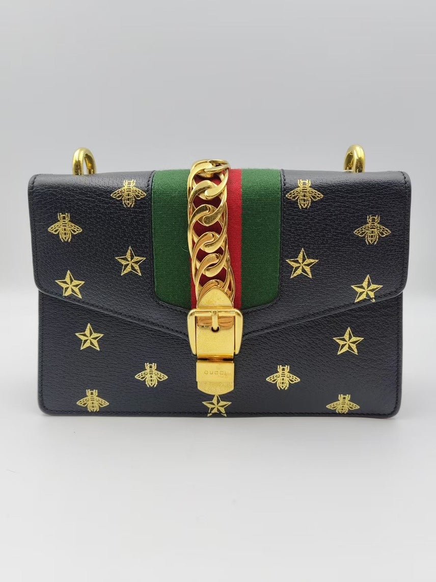 Gucci GG Supreme Bee and Star Black Leather Shoulder Bag | AlmaBagz