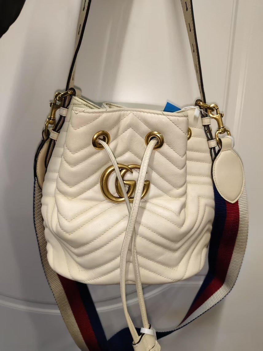 Gucci GG Marmont White Bucket Bag Drawstring | AlmaBagz