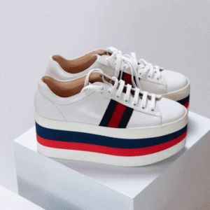 Gucci Sylvie Web Accent Leather Wedge Sneakers | AlmaBagz