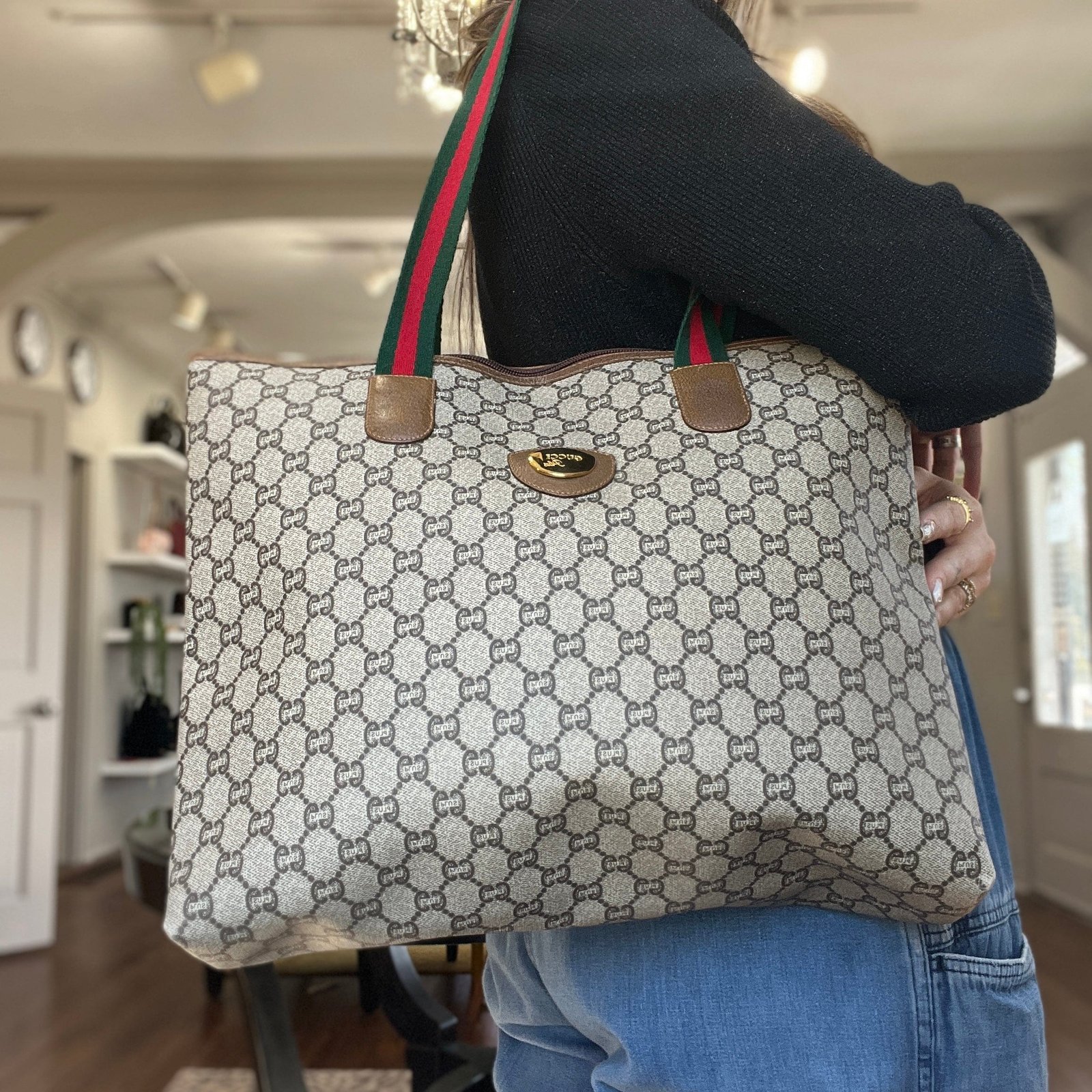 Gucci GG Plus Top Zip Web Tote | AlmaBagz