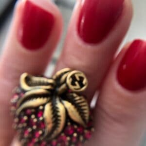 Gucci Strawberry Ring in Antique Gold with Red Crystals | AlmaBagz