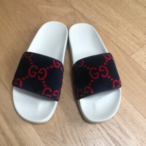 Gucci GG Monogram Velvet Slides in Navy and Red | AlmaBagz