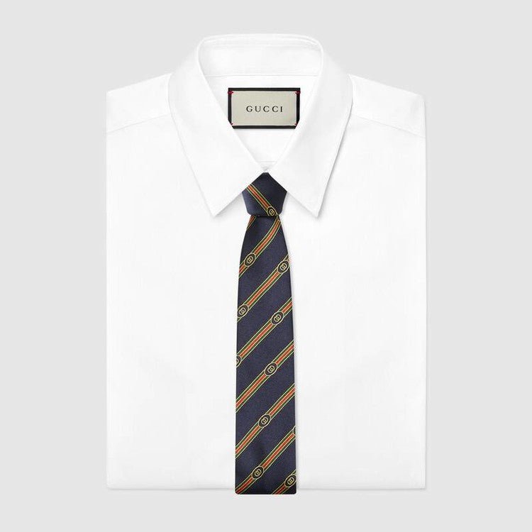 Gucci Interlocking G Web Silk Jacquard Tie in Navy | AlmaBagz