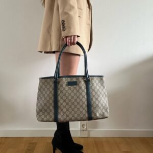 Gucci GG Supreme Tote Beige and Green/Blue leather straps | AlmaBagz