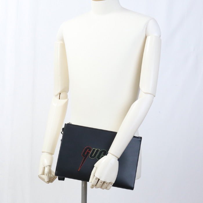 GUCCI 597678 Blade embroidery Clutch bag leather black unisex | AlmaBagz