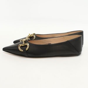 GUCCI 621161 pumps Horsebit Chain pointed toe flats leather black Women | AlmaBagz